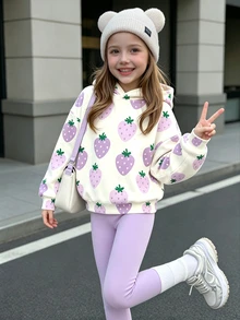 少女秋季清新時尚米色底紫色草莓圖案印花基礎連帽衛衣與緊身褲套裝 - 彩色 - 查看 4