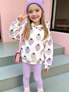 少女秋季清新時尚米色底紫色草莓圖案印花基礎連帽衛衣與緊身褲套裝 - 彩色 - 查看 3