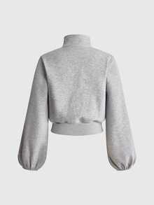 ROMWE Y2K Preppy Napoleon Style Bronze Metal Buckle Light Grey White Cropped Women's Sweatshirt Everyday Autumn - Grey - View 11