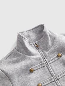 ROMWE Y2K Preppy Napoleon Style Bronze Metal Buckle Light Grey White Cropped Women's Sweatshirt Everyday Autumn - Grey - View 12