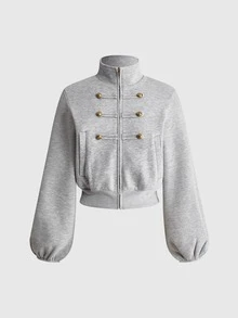 ROMWE Y2K Preppy Napoleon Style Bronze Metal Buckle Light Grey White Cropped Women's Sweatshirt Everyday Autumn - Grey - View 10