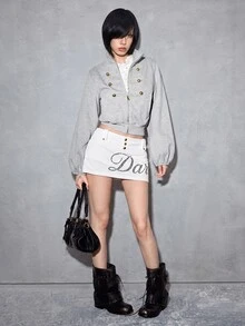 ROMWE Y2K Preppy Napoleon Style Bronze Metal Buckle Light Grey White Cropped Women's Sweatshirt Everyday Autumn - Grey - View 1