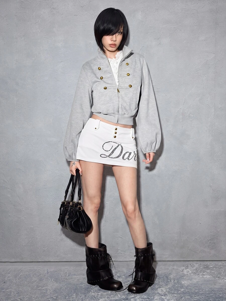 ROMWE Y2K Preppy Napoleon Style Bronze Metal Buckle Light Grey White Cropped Women's Sweatshirt Everyday Autumn - Grey - View 1