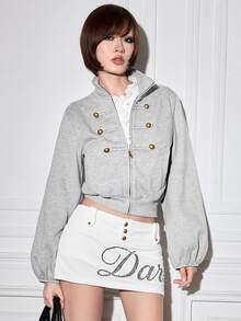 ROMWE Y2K Preppy Napoleon Style Bronze Metal Buckle Light Grey White Cropped Women's Sweatshirt Everyday Autumn - Grey - View 9
