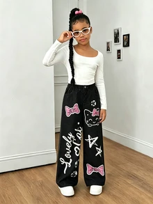 SHEIN 青少年女孩秋季服飾 鬆緊腰寬鬆印花寬腿褲 日常穿著 春秋冬休閒可愛返校穿搭 黑色 - 黑色 - 查看 9