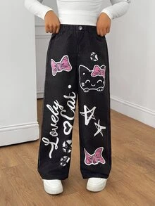 SHEIN 青少年女孩秋季服飾 鬆緊腰寬鬆印花寬腿褲 日常穿著 春秋冬休閒可愛返校穿搭 黑色 - 黑色 - 查看 5