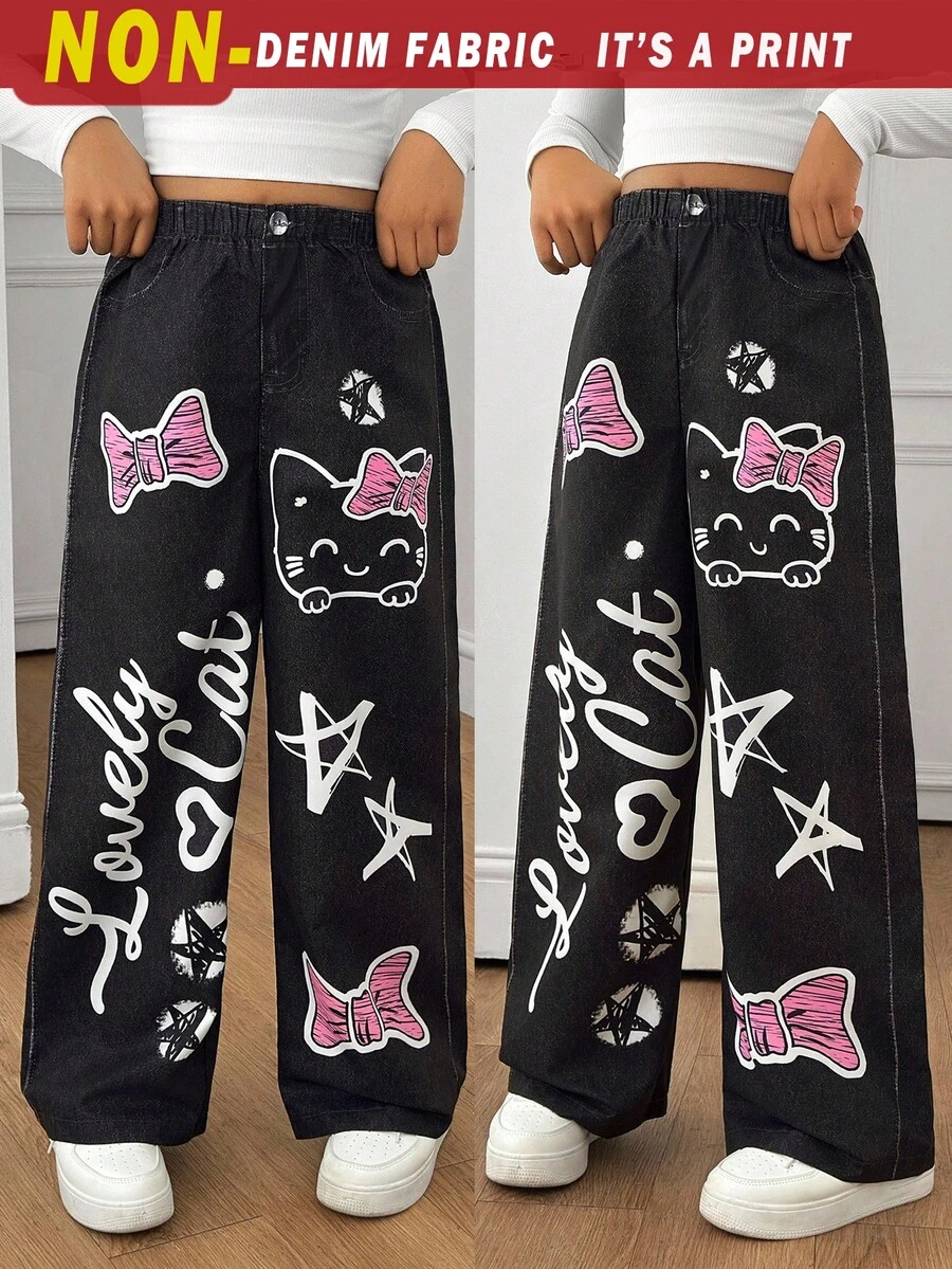 SHEIN 青少年女孩秋季服飾 鬆緊腰寬鬆印花寬腿褲 日常穿著 春秋冬休閒可愛返校穿搭 黑色