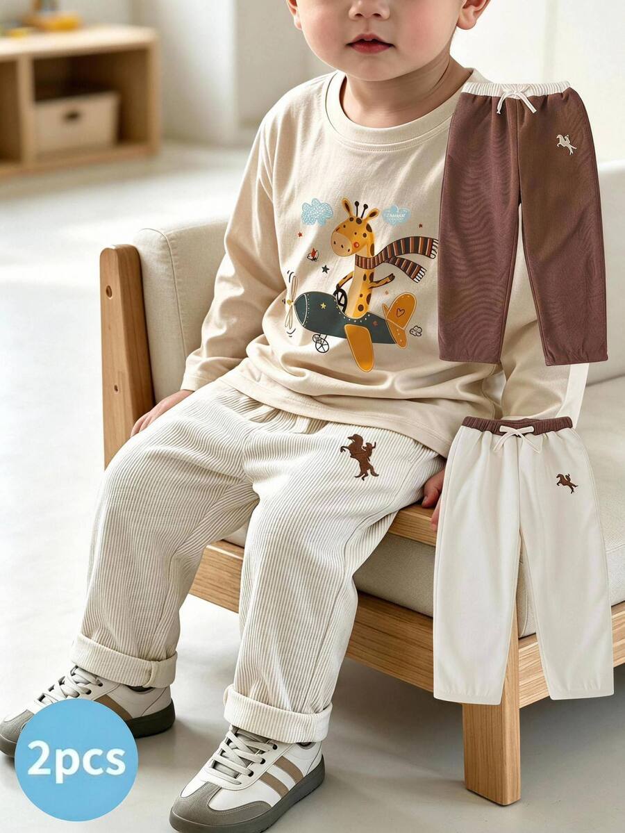 THE HAPPY LOOK 3pcs Baby Boy Horse Pattern Elastic Waist Jogger Pants Set - Multicolor - View 1