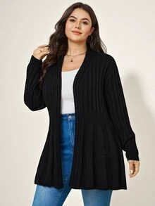 Comfylo Plus Solid Cardigan Office Formal Work Black Autumn Normal Traditional Winter Casual Baggy - Black - View 3
