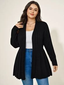 Comfylo Plus Solid Cardigan Office Formal Work Black Autumn Normal Traditional Winter Casual Baggy - Black - View 1