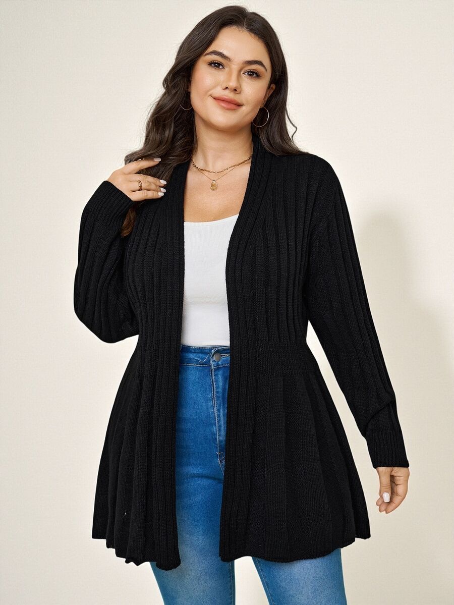 Comfylo Plus Solid Cardigan Office Formal Work Black Autumn Normal Traditional Winter Casual Baggy - Black - View 1