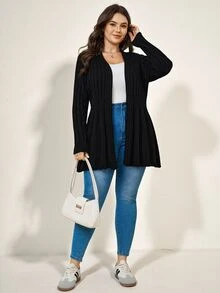 Comfylo Plus Solid Cardigan Office Formal Work Black Autumn Normal Traditional Winter Casual Baggy - Black - View 5
