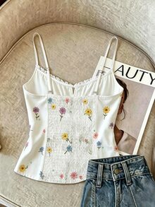 SHEIN [Printed Design] Women's Summer Floral Lace Ribbon Tie Strap Camisole - Multicolor - View 2