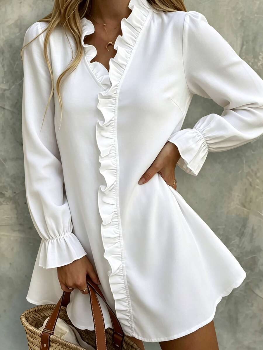 Linhara CURVE Women's Fashion Elegant Solid Color Ruffle Trim Casual Vacation Dress, Plus Size Dress - White - View 1