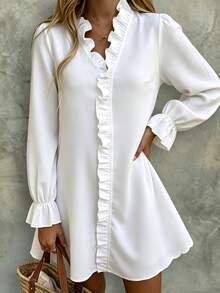 Linhara CURVE Women's Fashion Elegant Solid Color Ruffle Trim Casual Vacation Dress, Plus Size Dress - White - View 5