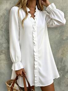 Linhara CURVE Women's Fashion Elegant Solid Color Ruffle Trim Casual Vacation Dress, Plus Size Dress - White - View 4