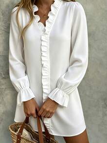 Linhara CURVE Women's Fashion Elegant Solid Color Ruffle Trim Casual Vacation Dress, Plus Size Dress - White - View 3
