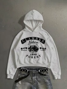 StoneGrade American Vintage Poster Fashion Print Pattern Men's Standard Size Grey Short Loose Drop Shoulder Hoodie - Light Grey - View 1