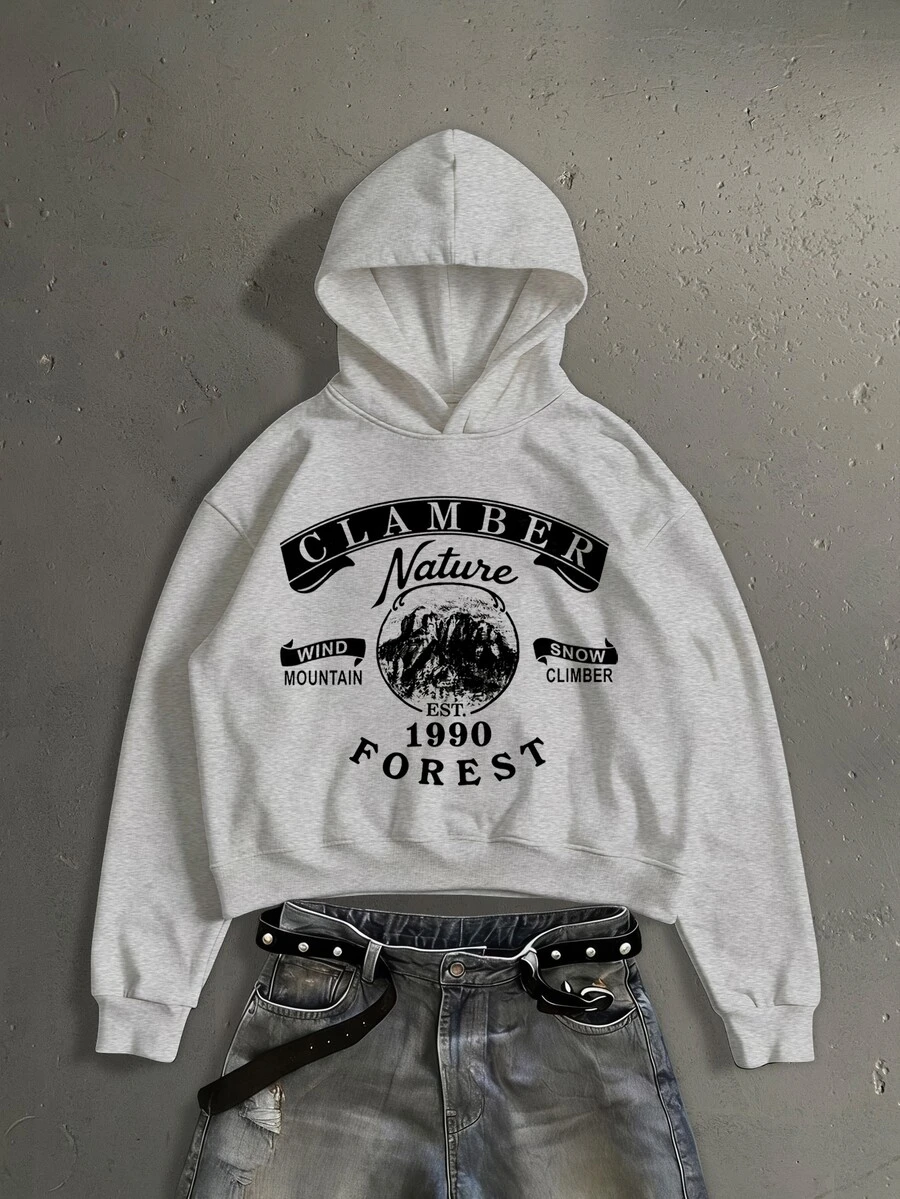 StoneGrade American Vintage Poster Fashion Print Pattern Men's Standard Size Grey Short Loose Drop Shoulder Hoodie - Light Grey - View 1