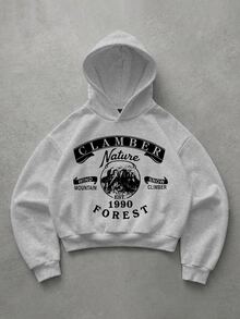 StoneGrade American Vintage Poster Fashion Print Pattern Men's Standard Size Grey Short Loose Drop Shoulder Hoodie - Light Grey - View 3