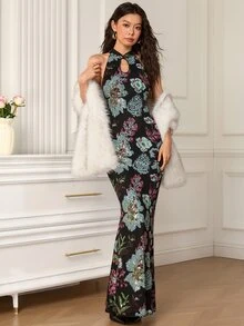EastFlair Women's Floral Pattern Casual Party Long Dress - Black - View 3