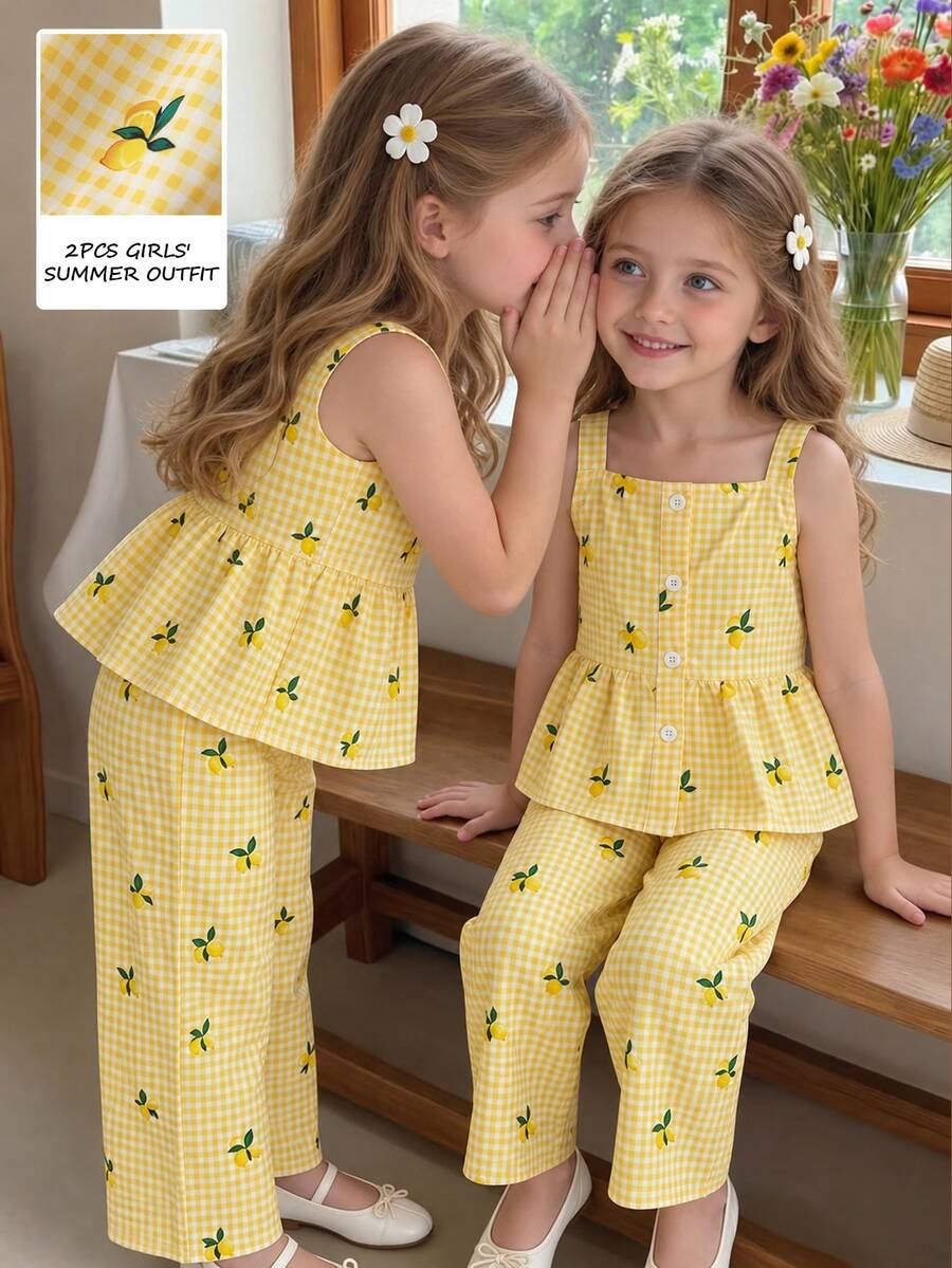 Souflis Souflis 2pcs/Set Girls' Summer Outfit, Yellow White Plaid Lemon Print Camisole Top + Wide Leg Pants, Square Neckline, Ruffle Hem, Fresh Style, 7th Birthday