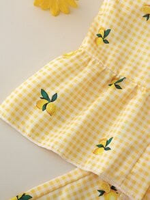 Souflis Souflis 2件組女孩夏季套裝，黃白格紋檸檬印花細肩帶上衣 + 寬腿褲，方領設計，荷葉邊下擺，清新風格，7歲生日 - 黃色 - 查看 5