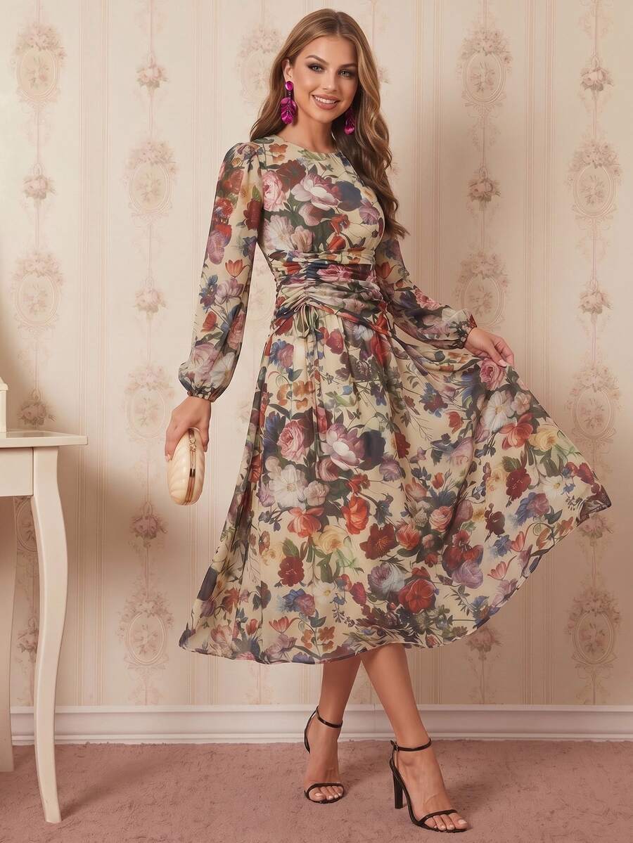 Amorya Women's Elegant Floral Print Dress - Multicolor - View 1