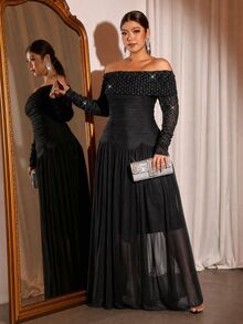 Cravure Plus Size Women's New Off-Shoulder Long Sleeve Backless Cold Shoulder Fitted Ruched H-Line Dress - Black - View 4