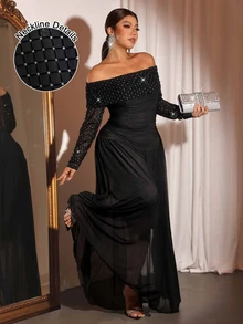Cravure Plus Size Women's New Off-Shoulder Long Sleeve Backless Cold Shoulder Fitted Ruched H-Line Dress - Black - View 3