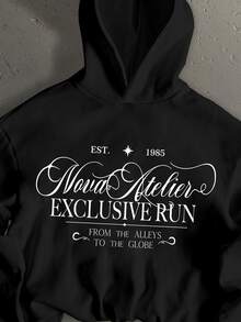 StoneGrade American Vintage English Cursive Letter Fashion Print Men's Standard Size Black Short Loose Drop Shoulder Hoodie - Black - View 3
