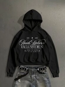 StoneGrade American Vintage English Cursive Letter Fashion Print Men's Standard Size Black Short Loose Drop Shoulder Hoodie - Black - View 1