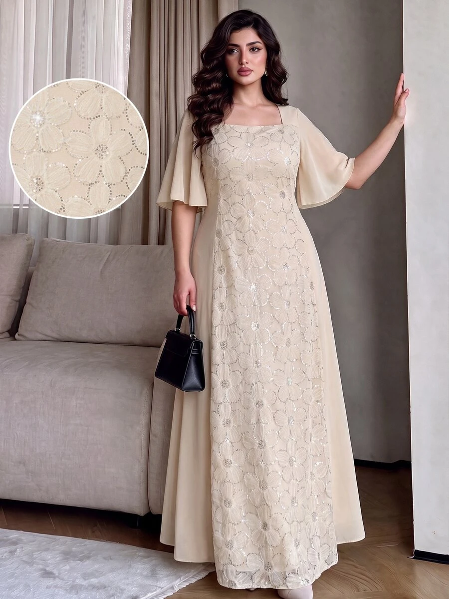 Modelyn Plus Size Women's Ruffled Sleeves Embroidered Patchwork Elegant Midi Dress For Evening Party/Wedding Guest/Anniversary - Multicolor - View 1