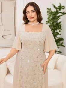 Modelyn Plus Size Women's Ruffled Sleeves Embroidered Patchwork Elegant Midi Dress For Evening Party/Wedding Guest/Anniversary - Multicolor - View 3
