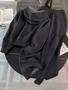 Resyla 女款春夏/秋冬深灰色運動休閒套裝，時尚連帽衫與寬腿褲2件套穿搭 - 深灰色 - 查看 2