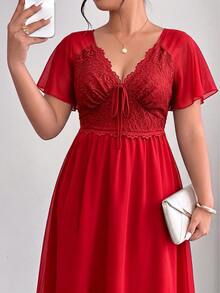 Elenzga Plus Size Chiffon Patchwork Shirred Lace Shirred Backless Dress - Burgundy - View 6