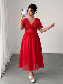Elenzga Plus Size Chiffon Patchwork Shirred Lace Shirred Backless Dress - Burgundy - View 3