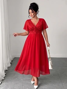 Elenzga Plus Size Chiffon Patchwork Shirred Lace Shirred Backless Dress - Burgundy - View 5
