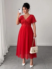 Elenzga Plus Size Chiffon Patchwork Shirred Lace Shirred Backless Dress - Burgundy - View 4
