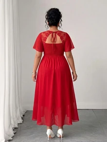 Elenzga Plus Size Chiffon Patchwork Shirred Lace Shirred Backless Dress - Burgundy - View 2