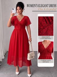 Elenzga Plus Size Chiffon Patchwork Shirred Lace Shirred Backless Dress - Burgundy - View 1