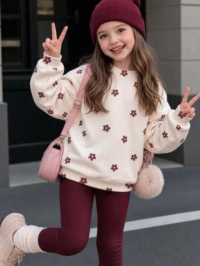 Conjunto de sweatshirt e leggings para rapariga jovem, casual minimalista, com forro térmico, macio, largo, gola redonda, novo estilo, adequado para outono/inverno, uso diário, passeios, férias, quinta e Natal