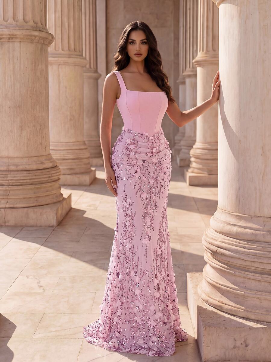 Coutiva High-End Evening Prom Gala Night Gown Ball Dress With 3D Sequin Embroidery, Elegant Formal Luxury Style Wedding Light Pink Winter - Pink - View 1