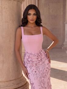 Coutiva High-End Evening Prom Gala Night Gown Ball Dress With 3D Sequin Embroidery, Elegant Formal Luxury Style Wedding Light Pink Winter - Pink - View 3