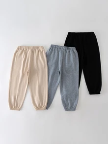 THE HAPPY LOOK 3pcs Young Boy Elastic Waist Pants Set With Decorative Ribbon, Versatile & Comfortable - Grey - View 3