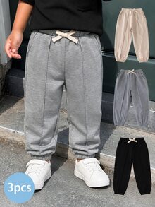 THE HAPPY LOOK 3pcs Young Boy Elastic Waist Pants Set With Decorative Ribbon, Versatile & Comfortable - Grey - View 6