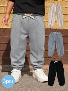 THE HAPPY LOOK 3pcs Young Boy Elastic Waist Pants Set With Decorative Ribbon, Versatile & Comfortable - Grey - View 7