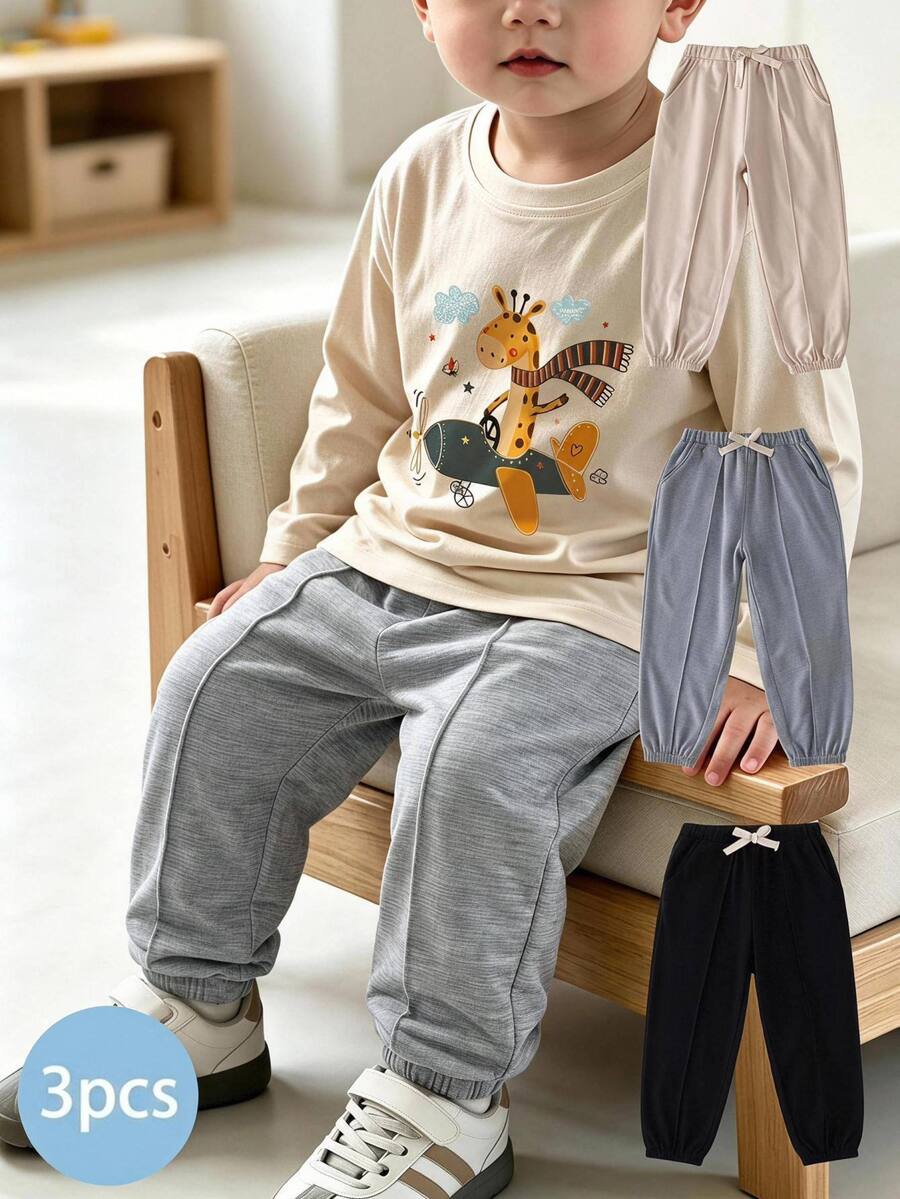 THE HAPPY LOOK 3pcs Young Boy Elastic Waist Pants Set With Decorative Ribbon, Versatile & Comfortable - Grey - View 1