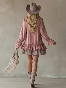 SHEIN LUNE 柔粉色V領荷葉邊下擺運動衫洋裝，格紋內裡，慵懶復古活力女孩風，運動風圖案飾邊粉色迷你洋裝 - 粉色 - 查看 2