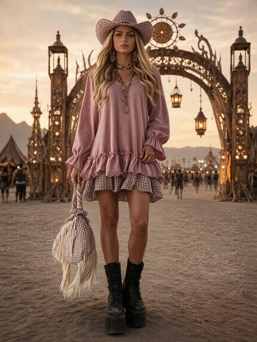 SHEIN LUNE فستان سويت شيرت وردي فاتح بياقة على شكل حرف V وحافة مكشكشة مع بطانة مربعات، فستان سويت شيرت قصير بأسلوب رياضي عتيق حيوي للبنات مع زخرفة نمط وردي - وردي - مشاهدة 1